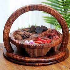 Round Wooden Foldable Dry Fruit Basket – 5 Compartments