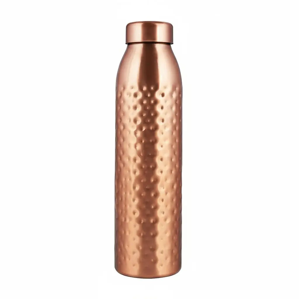 Three copper-colored water bottles with a textured surface in front of their packaging box.