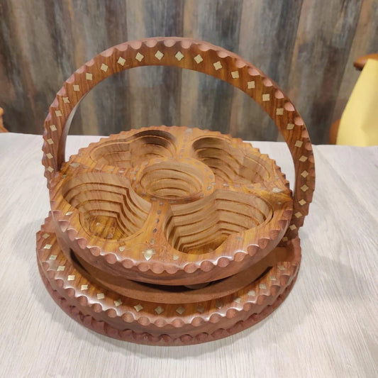 Round Wooden Foldable Dry Fruit Basket – 5 Compartments